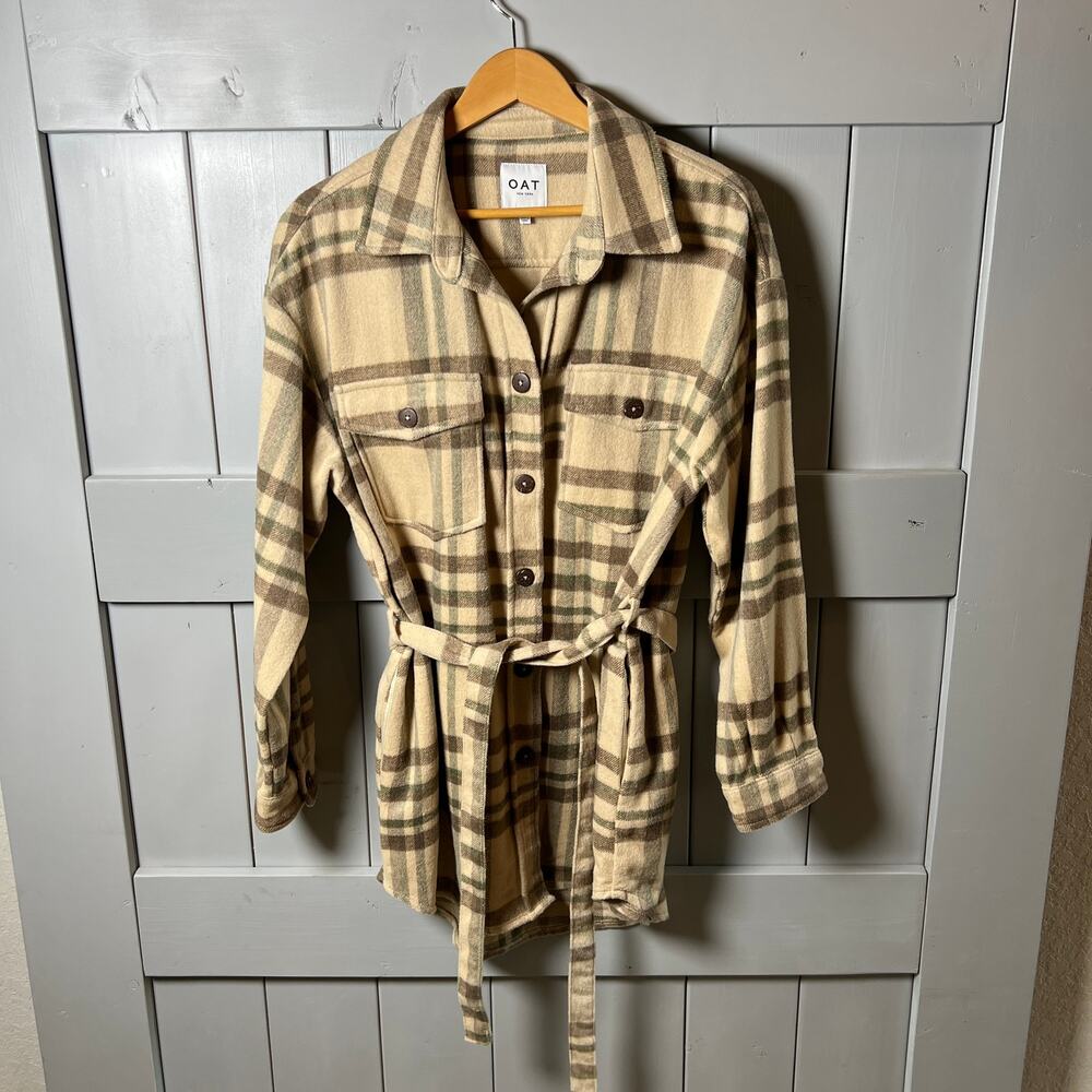 OAT Brown, Cream and Green Tie Waist Shacket Size L‎